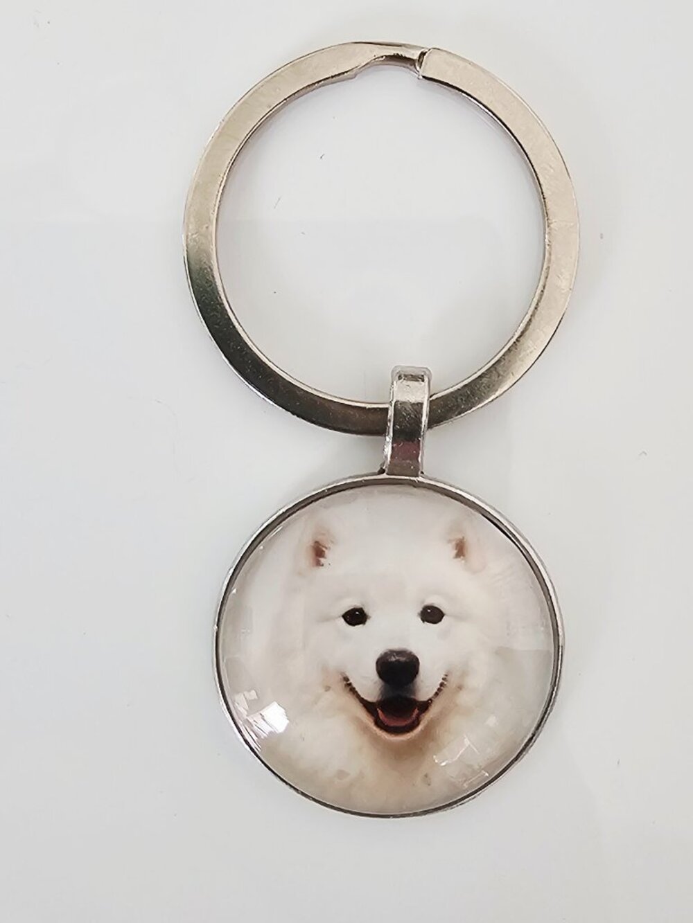Samoyed Dog Keychain Unisex White Puppy Glass Dome Silver Tone Key Ring Gift